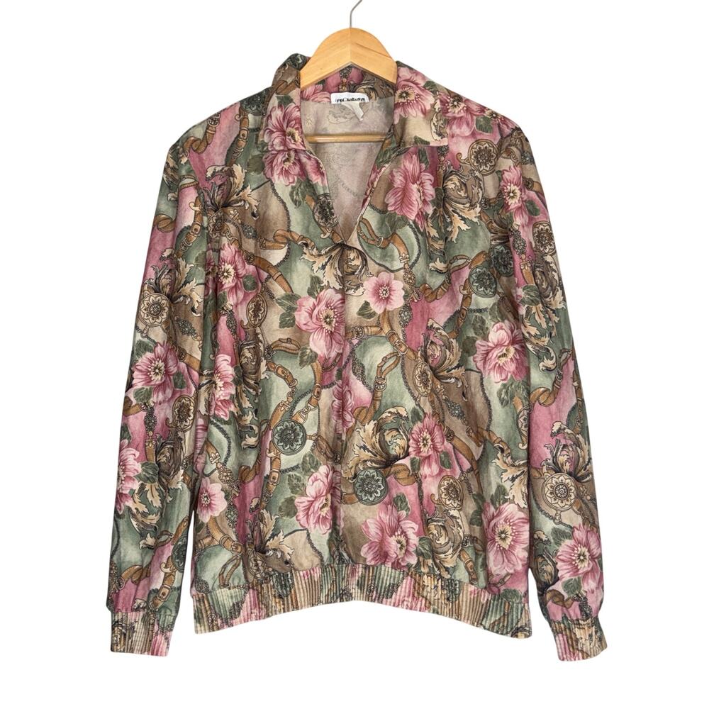 Vintage 70s Floral Retro Collared Long Sleeve Pullover Blouse Womens Medium